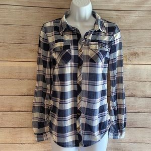 Passport Dark Blue & White Plaid Long Sleeve Top, Size Small